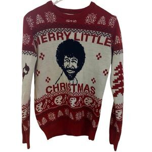 Bob Ross Merry little Christmas small long sleeve red cream ugly Christmas sweat